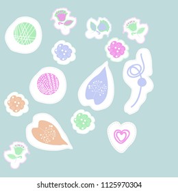 leaves and shapes,floral theme,bells, dashed lines, tags pattern. Hand drawn.
