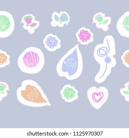 leaves and shapes,floral theme,bells, dashed lines, tags  seamless pattern. Hand drawn.
