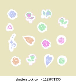 leaves and shapes,floral theme,bells, dashed lines, tags pattern. Hand drawn.
