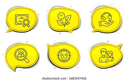 Leaves sign. Diploma certificate, save planet chat bubbles. Search employees, Teamwork and Face detect line icons set. Staff analysis, Man with woman, Select target. Grow plant. Business set. Vector