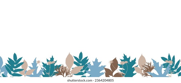 Leaves silhouette blue and brown color border . Horizontal botanical decor, nature banner.