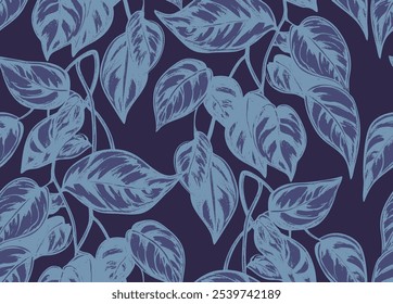 Leaves silhouette seamless pattern. leaf silhouettes with scribble textures. Botanical repeated texture with branches and leaves. Natural elements in monochrome colors. For textile, paper, fashion. 