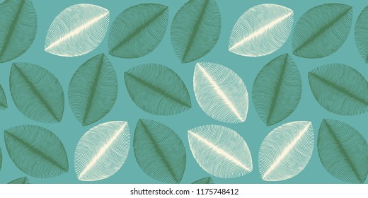 leaves silhouettes seamless pattern in blue green ivory