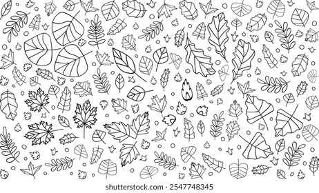 Folhas simples Doodle Vetor Fundo, desenhado à mão com uma variedade de folhas dinâmicas, para projetos com temas ecológicos, naturezas, cartões de saudação, banners 