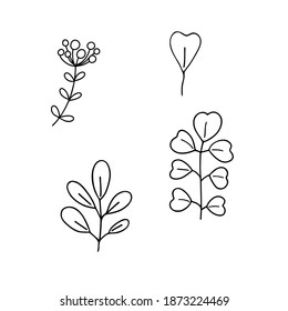 Leaves simple outline vector minimalist concept illustration, thin line hand drawn floral set, elements for design