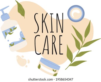 Leaves, skincare products isolated. Vegan, cruelty free cosmetics. Natural organic eco products. Skin care routine beauty objects. Beauty salon, spa. Cosmetics, bottle, jar tube, foam, cream.