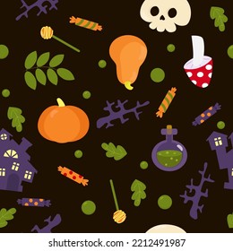 Leaves, skull, potion, candles, castle, candy and halloween attributes in cartoon style on brown background. Funny pattern for textiles and packaging.