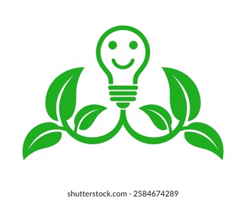 leaves and smiling light bulb, eco power icon