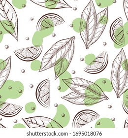 Leaves, spices, herbs vector seamless patten on white. Concept for menu, wallpaper, wrapping paper 