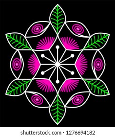 Leaves, Spirals and Lines - Colorful Rangoli, Alpona or Paisley Vector Line art