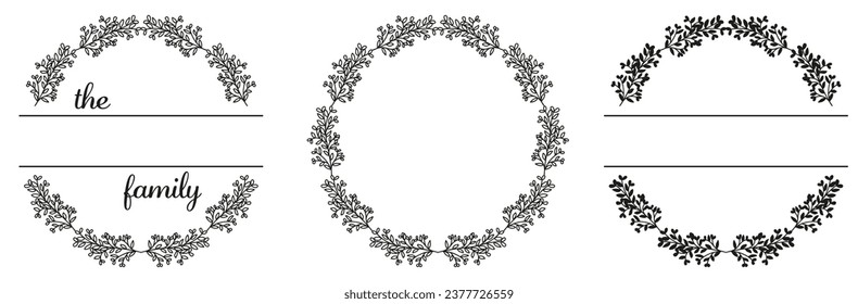 Leaves split monogram. Set of family monogram frame. Space for surname. Vector illustration of wildflower wreath svg