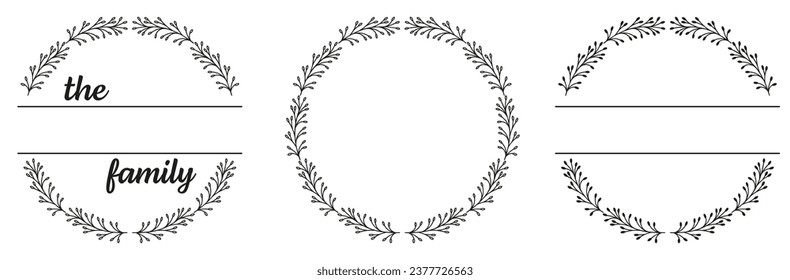 Leaves split monogram. Set of family monogram frame. Space for surname. Vector illustration of wildflower wreath svg