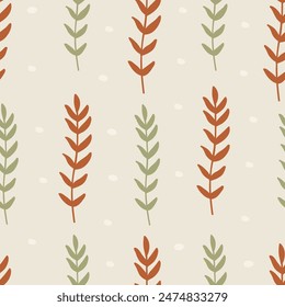 Leaves sprigs twigs branch seamless pattern. Botanical background. Autumn leaves ornament. Flat 2d beige sketch