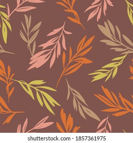 Leaves sprigs twigs leafage stem branch seamless pattern. Botanical background. Autumn leaves ornament.  Flat drawing. Fashion design.