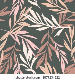 Leaves sprigs twigs leafage stem branch seamless pattern. Botanical background. Autumn leaves ornament.  Flat drawing. Fashion design.