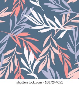 Leaves sprigs twigs leafage stem branch seamless pattern. Botanical background. Autumn leaves ornament.  Flat drawing. Fashion design.