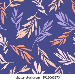 Leaves sprigs twigs leafage stem branch seamless pattern. Botanical background. Autumn leaves ornament.  Flat drawing. Fashion design.