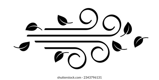 Leaves, spring time. Puff of wind blow line symbol. leaf, blowing wind, weather, environment. Gust pictogram. Wind trails. Dust spray and wind blowing trails. Windy weather, forecast. Floral icon.