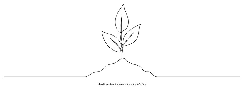 Leaves sprout continuous line drawing. Plant branch growth one line art. Vector illustration isolated on white.