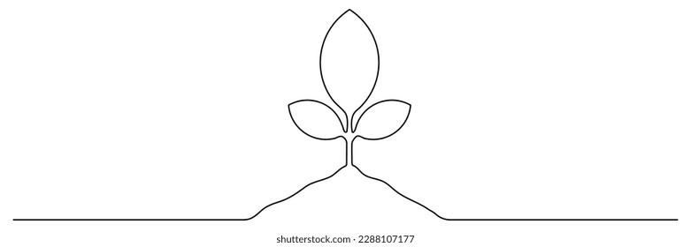 Leaves sprout continuous line drawing. Plant branch growth one line art. Vector illustration isolated on white.