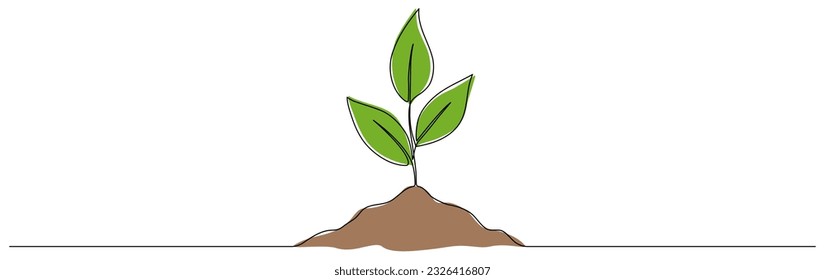 Deja brote con un plano de línea continua en tierra. Crecimiento de la rama vegetal arte de una línea. Ilustración vectorial aislada en blanco.