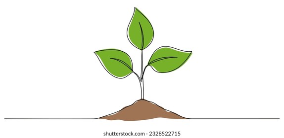 Leaves sprout with ground continuous line drawing. Plant branch growth one line art. Vector illustration isolated on white.