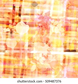 Leaves and stripes. Floral seamless pattern. Yellow, pink, white. 