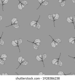 Leaves with stripes veins. Vector seamless pattern botanical illustration. For textiles, fabrics, packaging, paper, candelaria, postcards and wallpaper