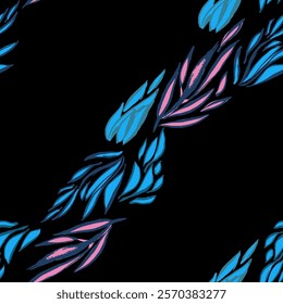 Leaves strips seamless pattern. Vector, hand draw. Brush texture, original, bright colors. Artistic and abstrakt.