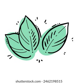 Leaves stylized doodle mint color, contour drawing on background of green spots, isolated on white background.