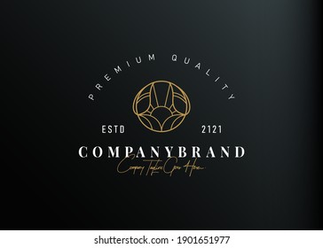 Leaves and sun logo design. Vector illustration of sunset between the leaves. Modern vintage icon design template with line art style.