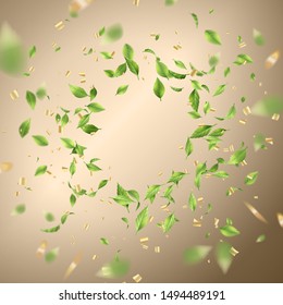 Leaves swirling in the wind. Vector abstract background with green flying leaves and scattering confetti