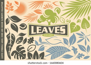 Leaves symbols, graphics, icons,emblems, logos and design elements set. Vector image leaves, tropical floral and trees set. Leaf vectors and graphics.