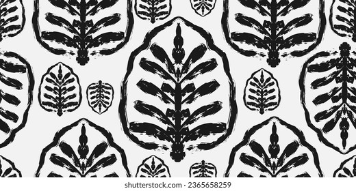 The leaves are symmetrical in texture. For design, print, wallpaper, paper, textiles. Vector overlapping seamless pattern.