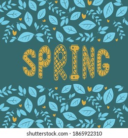 Blätter und Text Spring. Skandinavische Vektorgrafik. Botanische Blätter Pfosten für Planer, Kalender, Grüße. Skandinavische Art, Illustration, quadratischer Rahmen