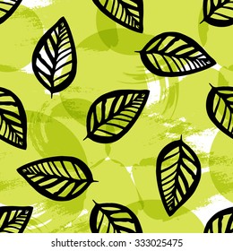 Leaves texture, green natural seamless pattern. Vector background with hand drawn ink leaf, repeated fabric texture for spring summer woman fashion.