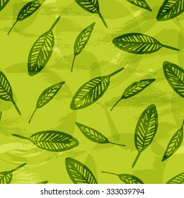 Leaves texture, green natural seamless pattern. Vector background with hand drawn ink leaf, repeated fabric texture for spring summer woman fashion.