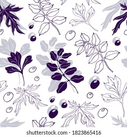 Leaves, their shadows with outlines and raindrops. Seamless vector pattern for fabric design, wallpaper or wrapping paper.