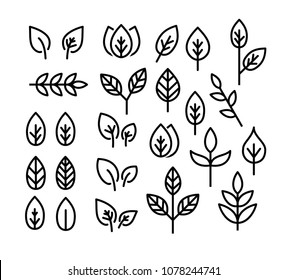 Leaves thin line icon set vector 