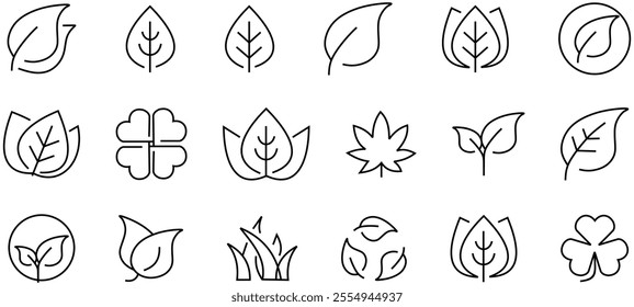 Leaves thin line icon set. Symbol collection in transparent background. Editable vector stroke