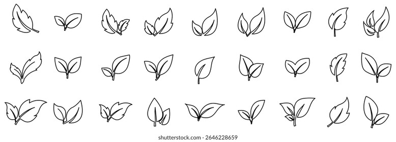 Deja un conjunto de iconos de línea delgada. Trazo de Vector editable. Icono de hoja Vector de contorno para interfaz de usuario de Web. Colección de arte de la línea de la hoja dibujada a mano para colorear libros, patrones, pegatinas. Contorno del follaje. 
