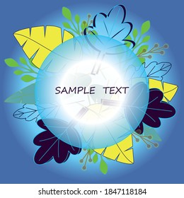 leaves and thorns of different colors on a blue background around a round place for text, postcard vector illustration, abstract