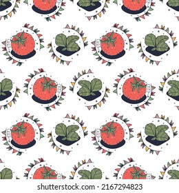 Hojas y tomate. Patrón sin brillo en un fondo blanco. Ilustración vectorial de corte.