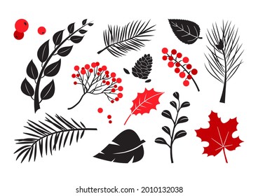 Árbol de hojas, rama, conjunto de vectores de bayas, plantas de otoño e invierno, siluetas negras y rojas aisladas en fondo blanco. Ilustración de la naturaleza