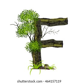 Leaves and tree font  on White background ,Eco concept,nature wood style. Create many more trees with leaves and grass on the bottom,Green Oak