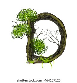 Leaves and tree font  on White background ,Eco concept,nature wood style. Create many more trees with leaves and grass on the bottom,Green Oak