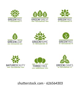 Leaves and tree logo set green color flat style for ecology company, nature firm, natural product store, organic shop, alternative medicine, green unity, garden, farming, forest. Vector Illustration