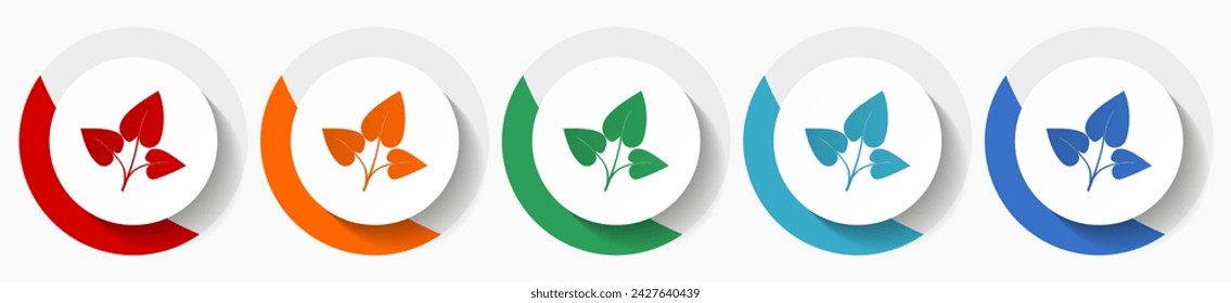 Leaves, tree, natural vector icon set, flat icons for logo design, webdesign and mobile applications, colorful round buttons