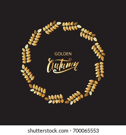 Leaves of a tree Rowan and inscription GOLDEN AUTUMN. Card, emblem, banner, label, logo. Design for decoration, gift packing, printing on fabric, paper or utensils.