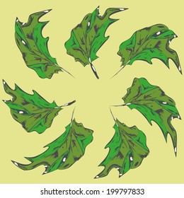 Leaves of the tree are symmetrically arranged in a circle on a square background yellow.